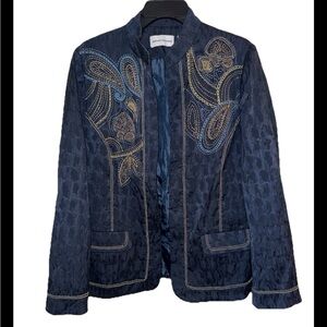 Alfred Dunner Blazer Open Front Embroidered Paisley Bohemian Design Blue Size 14